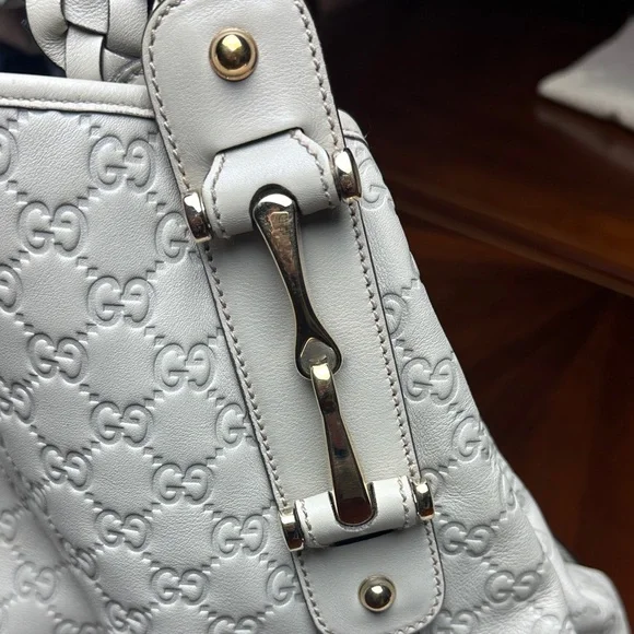 Gucci GG Monogram Embossed Leather Hobo Bag Ivory White Braided Handle - Picture 3 of 13